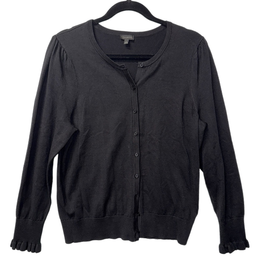 Talbots - Black Button-Front Cardigan with Ruffled Cuffs - Size Large - Picture 3 of 6